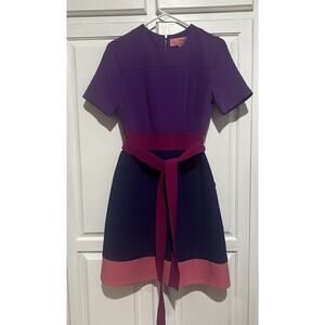 LDT Womens Short Sleeve Color Block Belted Sheath Dress Pink Purple Size 2